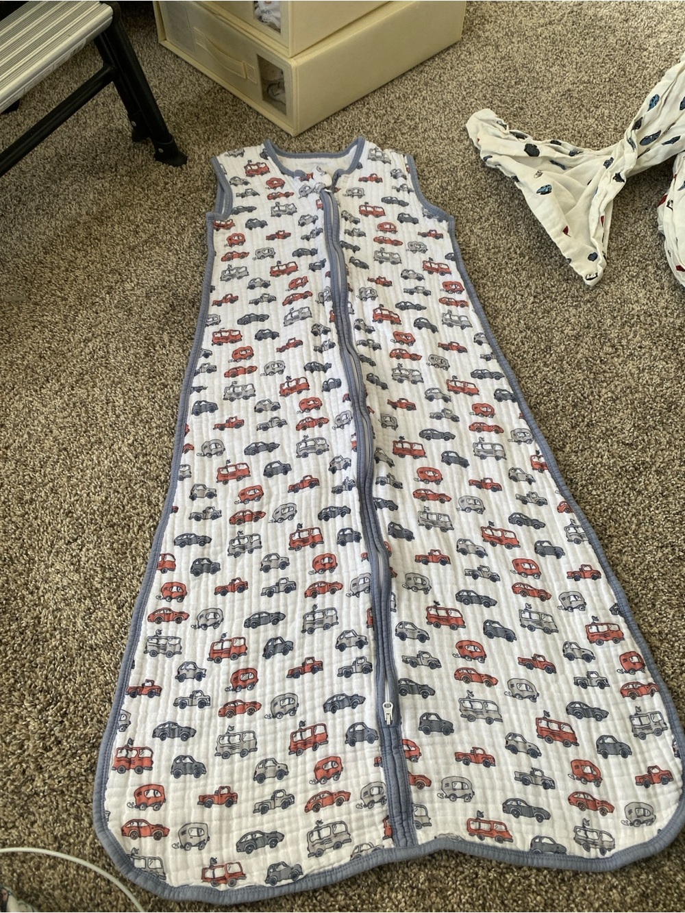Kids Sleeveless Sleep Sack - Blue Trim with Red & Navy Car Print - Size XL